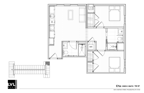 Floor plan for 2 beds, 2 baths, 785 sqft